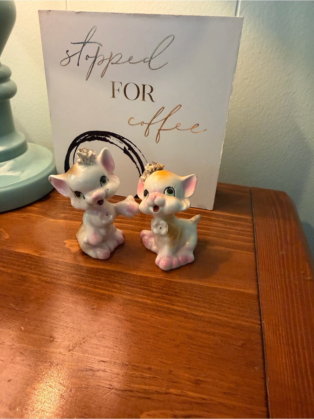 Vintage Ceramic Kitten Figurine in Pink and Cream with Flower Accent